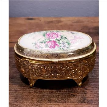 Vintage Oval Goldtone Trinket Box with Porcelain Floral Lid Japan