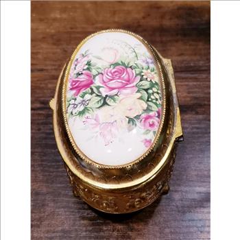 Vintage Oval Goldtone Trinket Box with Porcelain Floral Lid Japan