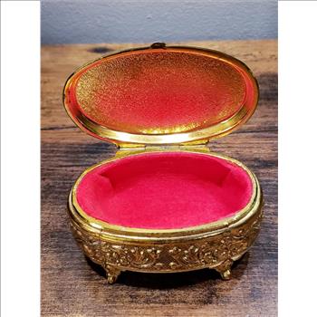 Vintage Oval Goldtone Trinket Box with Porcelain Floral Lid Japan