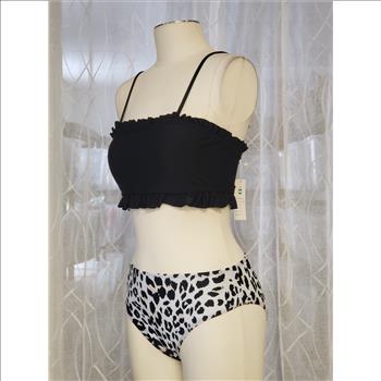 Beachsissi Black Ruffled Top Leopard Print Bikini Womens Two-Piece Swimsuit Sz M