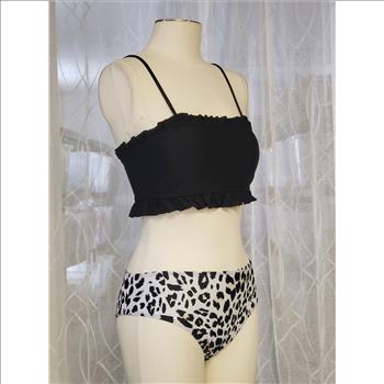 Beachsissi Black Ruffled Top Leopard Print Bikini Womens Two-Piece Swimsuit Sz M