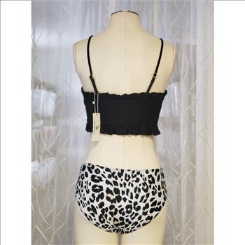 Beachsissi Black Ruffled Top Leopard Print Bikini Womens Two-Piece Swimsuit Sz M