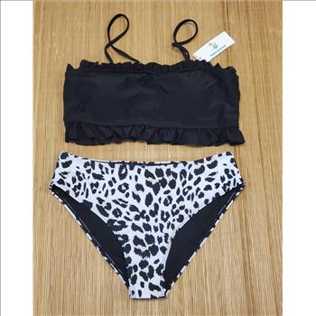 Beachsissi Black Ruffled Top Leopard Print Bikini Womens Two-Piece Swimsuit Sz M