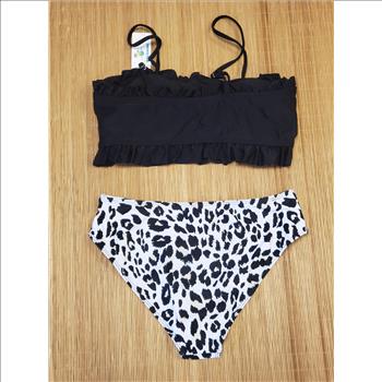 Beachsissi Black Ruffled Top Leopard Print Bikini Womens Two-Piece Swimsuit Sz M