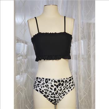 Beachsissi Black Ruffled Top Leopard Print Bikini Womens Two-Piece Swimsuit Sz M