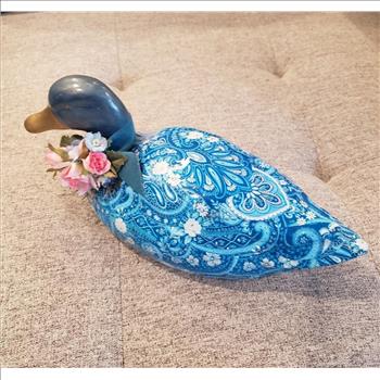 VTG Blue Floral Paper Mache Ceramic Duck