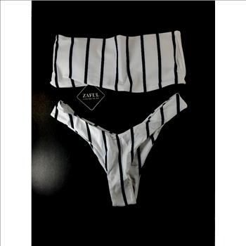 NWT High Cut Bandeau Stripes Bikini Set - White Size L