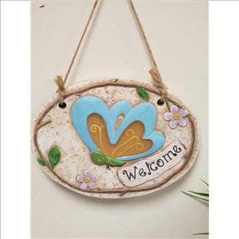NWT Hand Painted Welcome Sign 3D Butterfly Floral Oval Shaped Concrete Home/Garden Decor