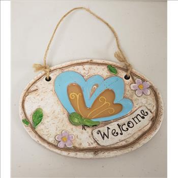NWT Hand Painted Welcome Sign 3D Butterfly Floral Oval Shaped Concrete Home/Garden Decor