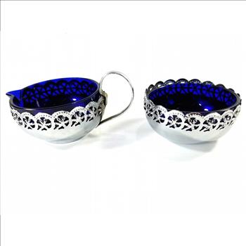Vintage England Blue Cobalt Glass And Silver Plated Creamer And Sugar Bowl Set