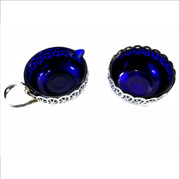 Vintage England Blue Cobalt Glass And Silver Plated Creamer And Sugar Bowl Set