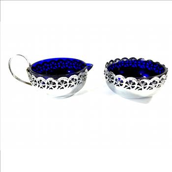 Vintage England Blue Cobalt Glass And Silver Plated Creamer And Sugar Bowl Set