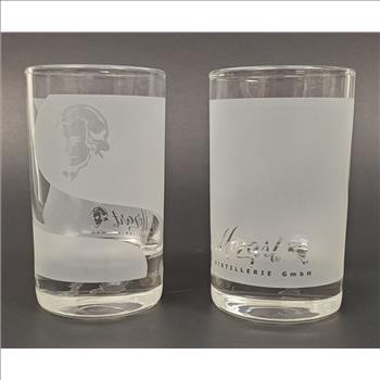 2 Vintage Austria Mozart Distillerie Shot Glass With Frosted Design and Logo