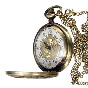 Vintage Looking Bronze Roman Numerals Steampunk Quartz Necklace Chain Pocket Watch