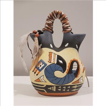 Native American Hand Painted Feather Decor Double Spout Ceramic Wedding Vase