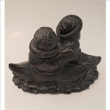 Vintage A Wolf Original Soapstone Sculpture Eskimo Couple Canoeing Made in Canada