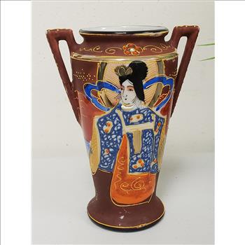 Japanese Satsuma Ware Hand Painted Geisha Lady Moriage Dual Handle Decor Vase 5