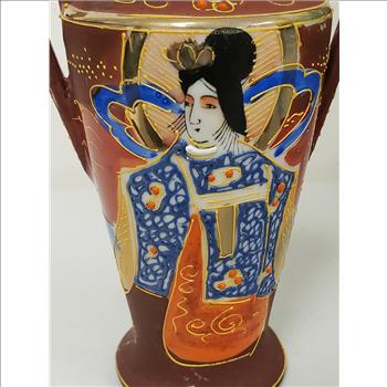 Japanese Satsuma Ware Hand Painted Geisha Lady Moriage Dual Handle Decor Vase 5
