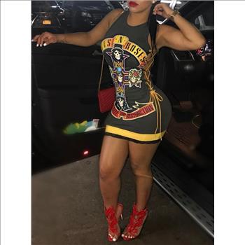 Skull Print Lace-Up Side Bodycon Mini Dress S