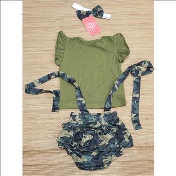 PatPat 3-Pcs Army Green Ruffle Sleeves Top Camo Romper Shorts + Headband Sz 6-9M