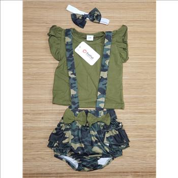PatPat 3-Pcs Army Green Ruffle Sleeves Top Camo Romper Shorts + Headband Sz 6-9M