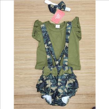 PatPat 3-Pcs Army Green Ruffle Sleeves Top Camo Romper Shorts + Headband Sz 6-9M