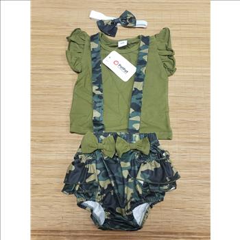 PatPat 3-Pcs Army Green Ruffle Sleeves Top Camo Romper Shorts + Headband Sz 6-9M