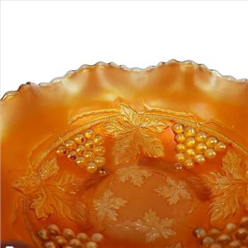 VTG Fenton Carnival Glass Vine Leaf Marigold Stag & Holly Ruffled Footed Bowl
