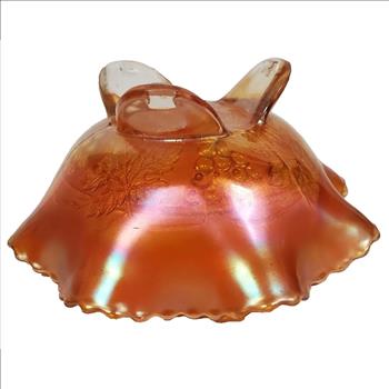 VTG Fenton Carnival Glass Vine Leaf Marigold Stag & Holly Ruffled Footed Bowl
