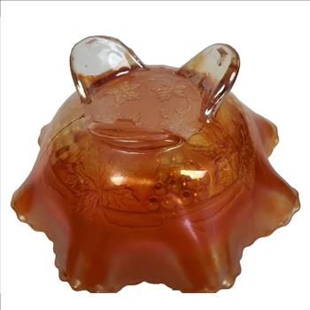 VTG Fenton Carnival Glass Vine Leaf Marigold Stag & Holly Ruffled Footed Bowl