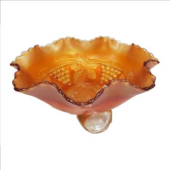 VTG Fenton Carnival Glass Vine Leaf Marigold Stag & Holly Ruffled Footed Bowl