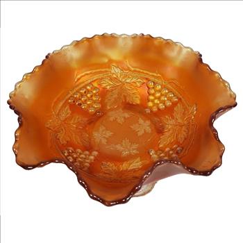VTG Fenton Carnival Glass Vine Leaf Marigold Stag & Holly Ruffled Footed Bowl