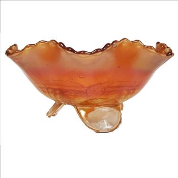 VTG Fenton Carnival Glass Vine Leaf Marigold Stag & Holly Ruffled Footed Bowl