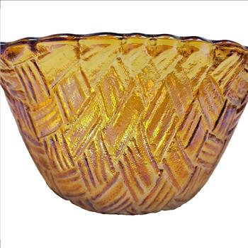 Vintage USA Small Indiana Glass Marigold Carnival Glass Basket Weave Pattern Bowl