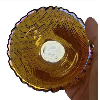 Vintage USA Small Indiana Glass Marigold Carnival Glass Basket Weave Pattern Bowl