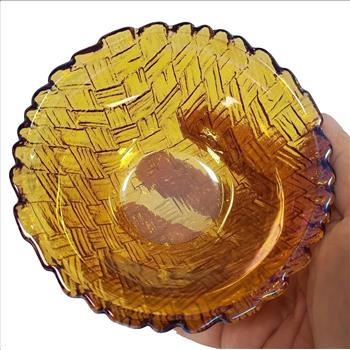 Vintage USA Small Indiana Glass Marigold Carnival Glass Basket Weave Pattern Bowl