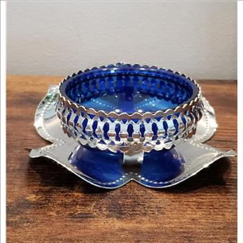 VTG Cobalt Blue Glass Bowl with Stainless Lotus Shaped Tray