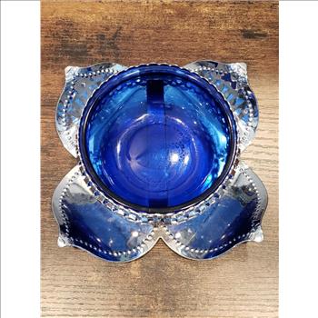 VTG Cobalt Blue Glass Bowl with Stainless Lotus Shaped Tray