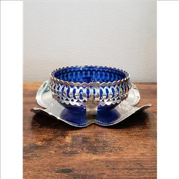 VTG Cobalt Blue Glass Bowl with Stainless Lotus Shaped Tray