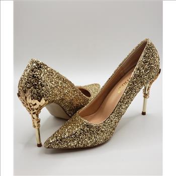 Women's Gold Glitter Heels Metal Leaf Vine Bridal Shoes Sz 7
