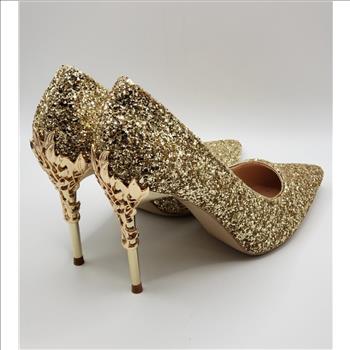Women's Gold Glitter Heels Metal Leaf Vine Bridal Shoes Sz 7