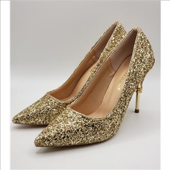 Women's Gold Glitter Heels Metal Leaf Vine Bridal Shoes Sz 7