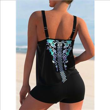 Ladies Cyan Tribal Floral Print Double straps Tankini Top Size L