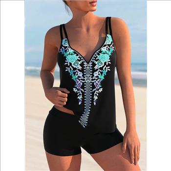Ladies Cyan Tribal Floral Print Double straps Tankini Top Size L