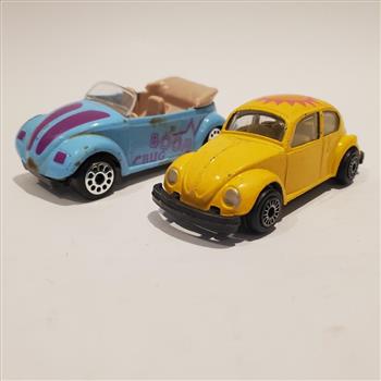 Vintage VW Convertible Boom Bug Blue and VW Bug Hard Top Yellow Die Cast Cars