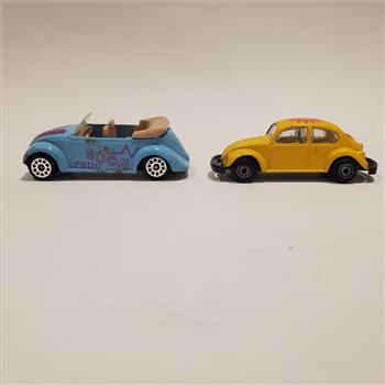 Vintage VW Convertible Boom Bug Blue and VW Bug Hard Top Yellow Die Cast Cars