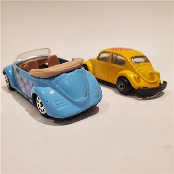 Vintage VW Convertible Boom Bug Blue and VW Bug Hard Top Yellow Die Cast Cars