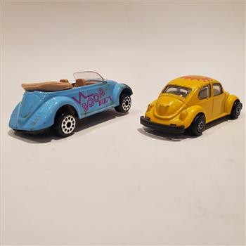 Vintage VW Convertible Boom Bug Blue and VW Bug Hard Top Yellow Die Cast Cars