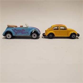 Vintage VW Convertible Boom Bug Blue and VW Bug Hard Top Yellow Die Cast Cars