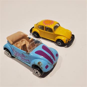 Vintage VW Convertible Boom Bug Blue and VW Bug Hard Top Yellow Die Cast Cars